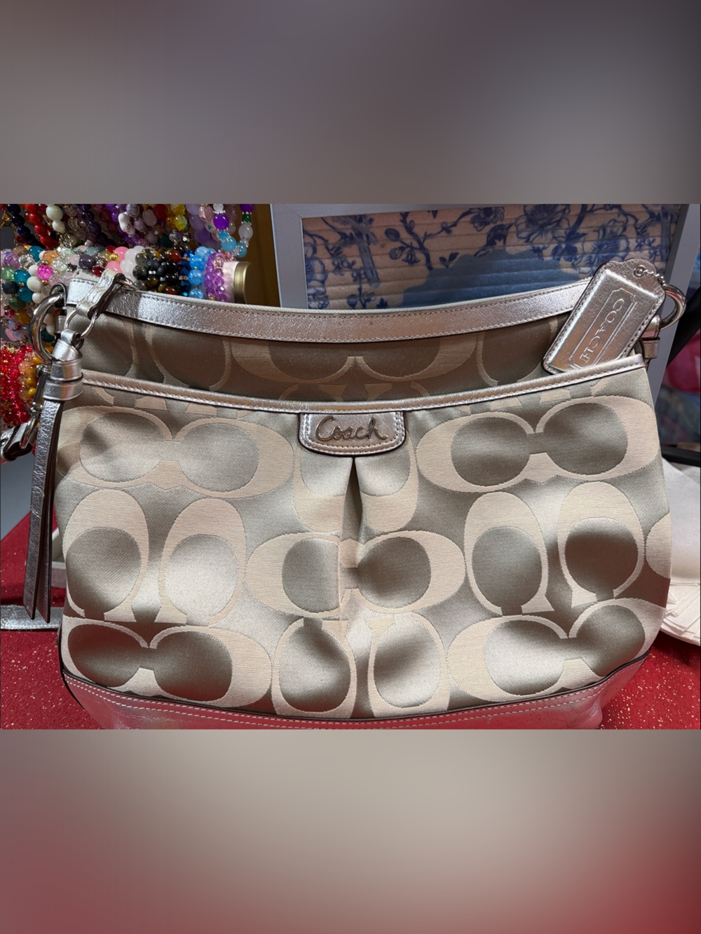 Coach Metallic Champagne Signature crossbody Bag with Silver Trim